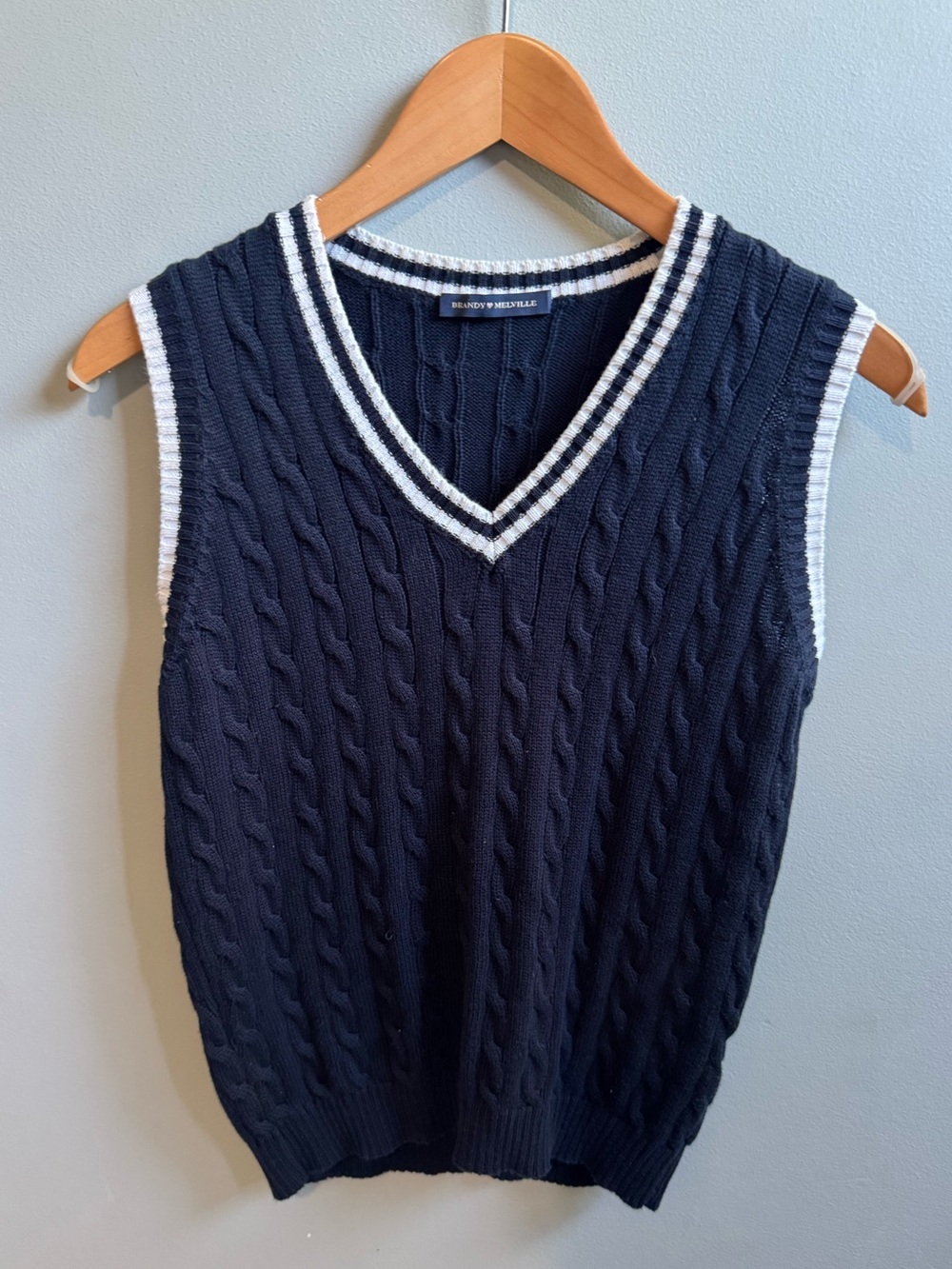 Brandy Melville Cable Knit Sweater Vest Navy Striped Trim One Size